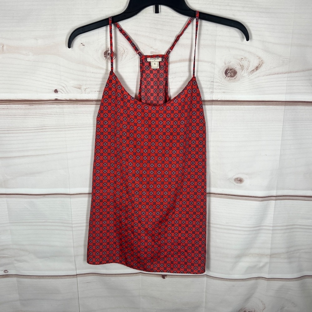 J Crew Top Womens Size 6 Orange Geometric Cami Tank Racerback Scoop Neck Woven